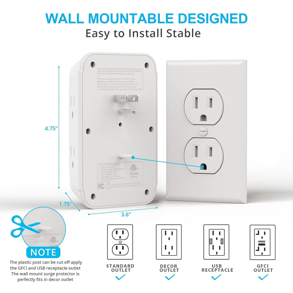 [2-Pack] USB Wall Charger,Surge Protector,6 Outlet Extender with 3 USB Charging Ports(1 USB C Outlet,3.4A) 900J Power Strip Multi Plug Outlets,Wall Mount Power Strip for Home Travel Office ETL Listed
