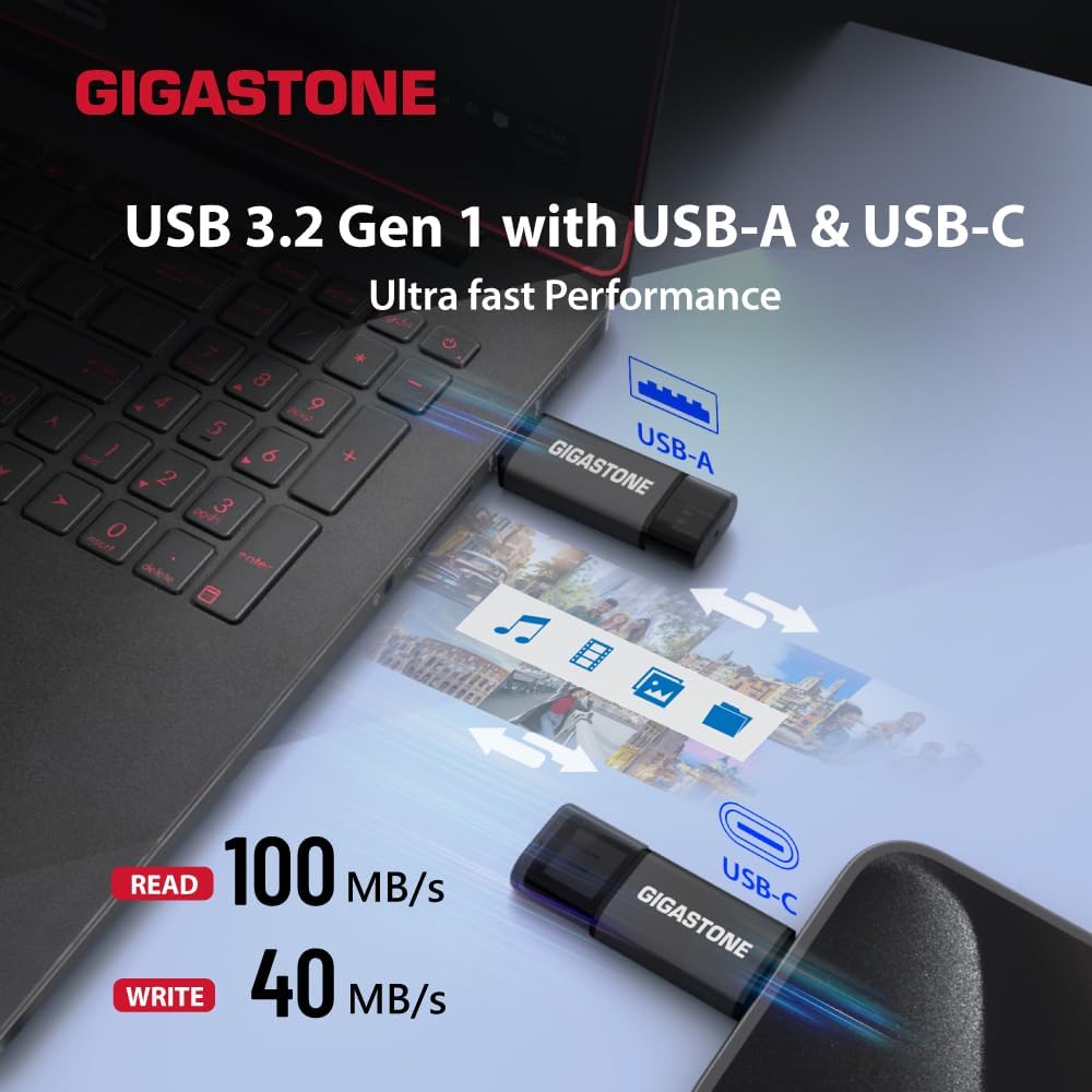 GIGASTONE 64GB Dual Flash Drive (2 Pack) Z40 USB 3.2 Gen 1, 2-in-1 Type-A & Type-C, 100MB/s Ultra Fast, Head Cap Design, Plug & Play for Smartphone/PC/Mac/TV/Car Audio, USB 2.0/3.0/3.1 Compatible