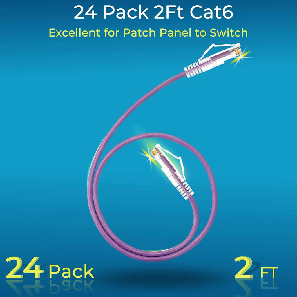Rapink Patch Cables Cat6/ Cat6a 2ft (24 Pack) Slim, Cat6a Ethernet Patch Cable 20G Support, Snagless Cat 6 Patch Cable for Patch Panel to Switch, Flexiable Cat6 Ethernet Cable Purple