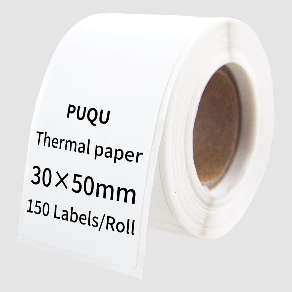 PUQU 30x50mm Direct Thermal Sticker Labels, Self-Adhesive All-Purpose Label Maker Tape, Compatible with AQ Series Label Printer, Refills Standard Laminated Office Labeling, 1 Roll of 150 Labels