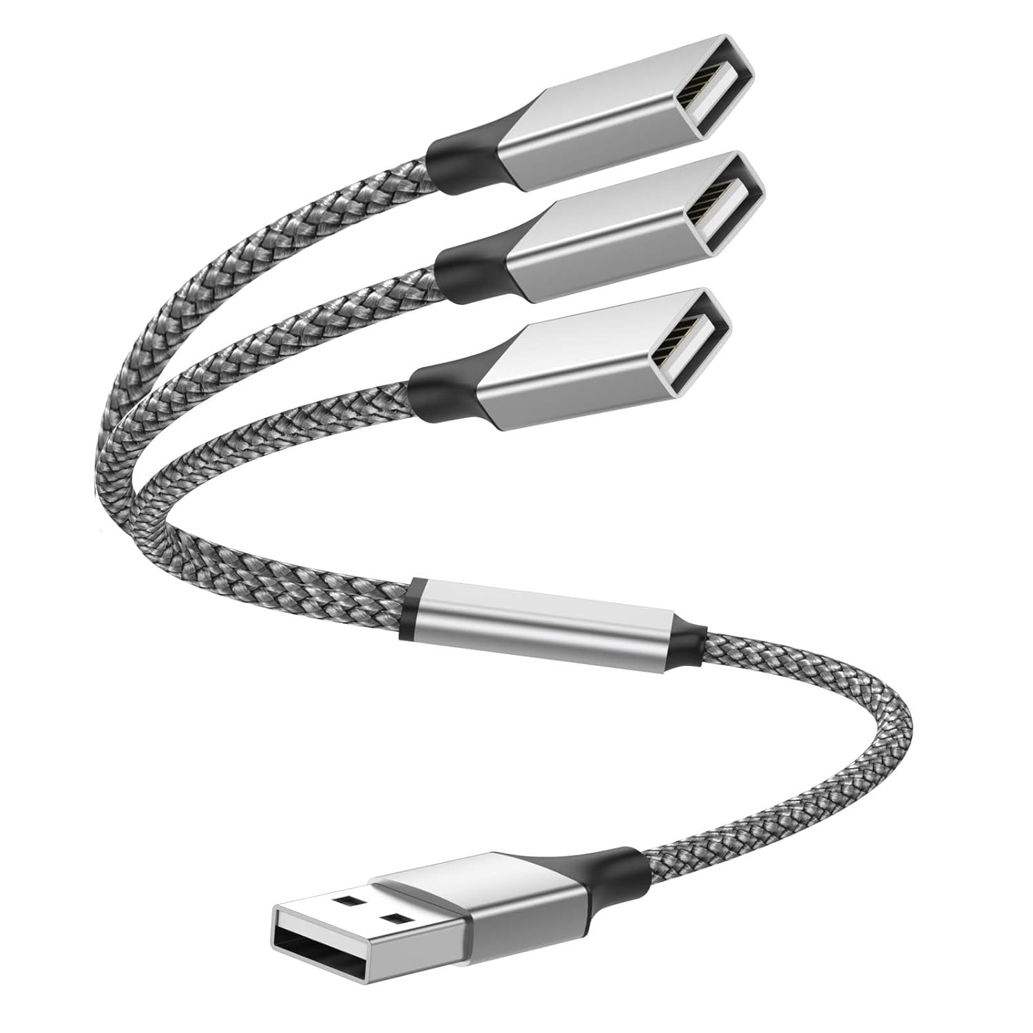 USB Y Splitter 3 in 1, USB A Male to 3 Female Cable for PC/Laptop/MacBook/Keyboard/PS4/PS5/Flash Drive/LED Etc.(Silver)