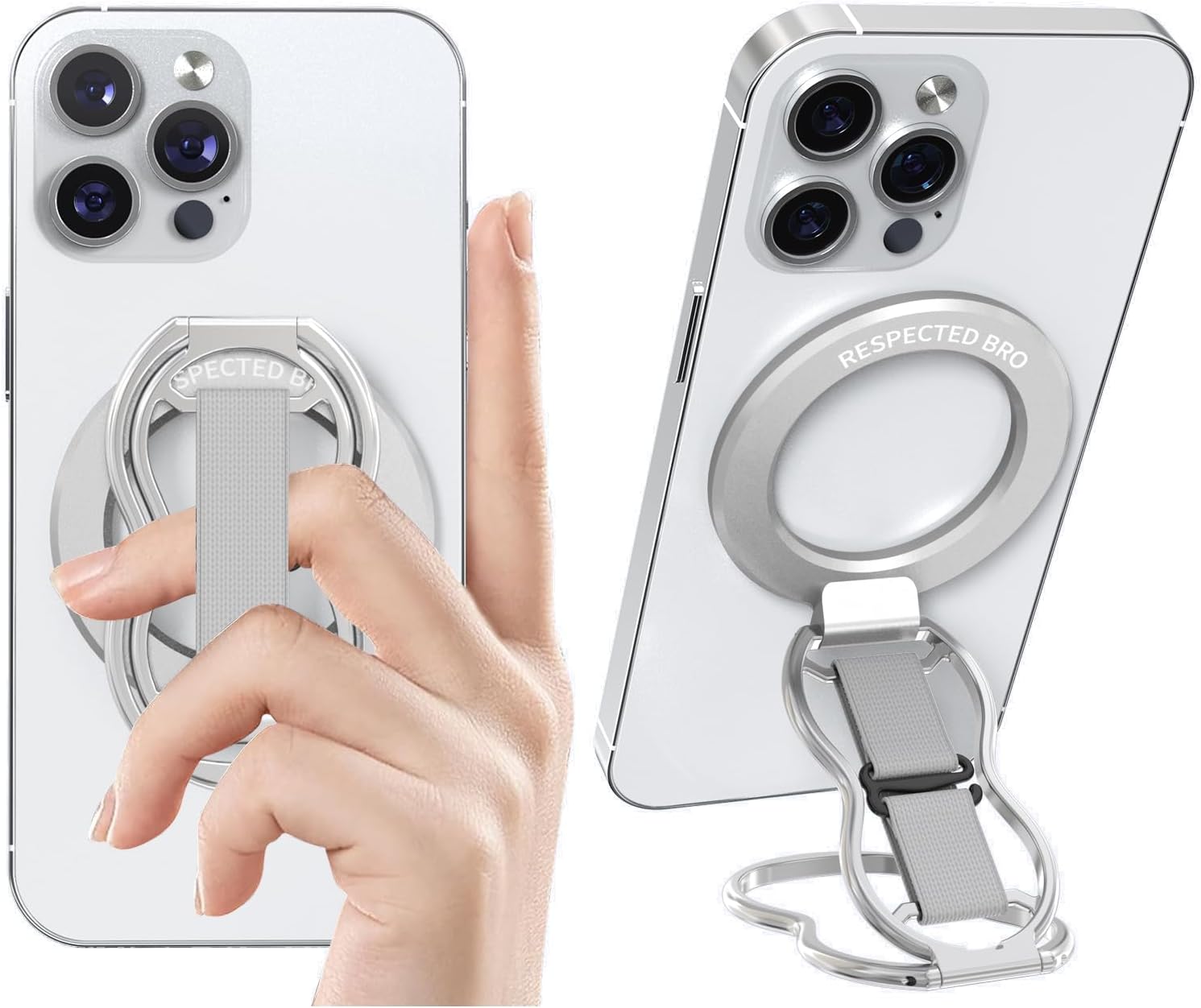 RESPECTED-BRO-Magnetic-Phone-Grip-Stand-with-Finger-Strap, 4-in-1 Magnetic Ring Holder, Kickstand and Elastic Strap for Smartphones, Universal Fit for iPhone, Android, and Cases (Silver)