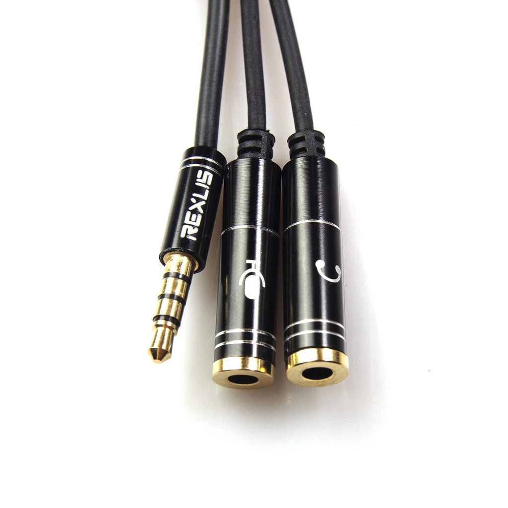 REXUS Black 3.5mm Y Splitter Stereo Audio Cable 4-Pole Male to 2 Female for Headphone, Headset Splitter Adapter Extension Aux Cable, Compatible MobilePhone and New Version Laptop(M22F35H)