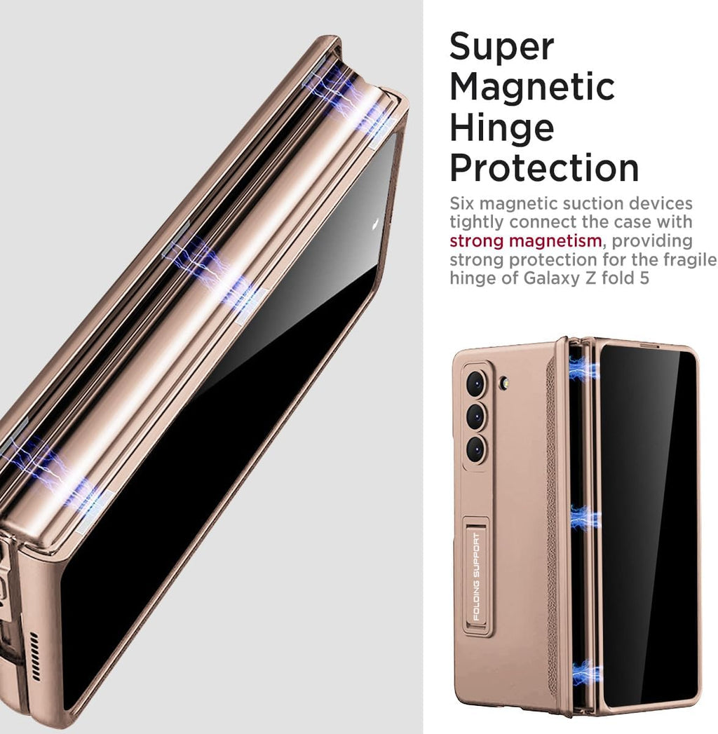 Miimall for Samsung Galaxy Z Fold 5 Case with Privacy Screen Protector, Built-in Adjustable Kickstand & Magnetic Hinge Protection All-Inclusive Protective Case for Galaxy Z Fold 5 5G(Champagne Gold)