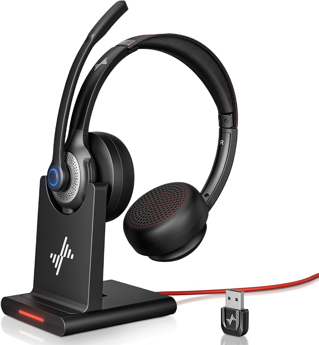 Wireless Headset with AI Noise Cancelling Microphone Bluetooth Headset - Bluetooth V5.2 Headphones with USB Dongle, Charging Base & Mic Mute for Computer/Laptop/PC/iPhone/Android/Cell Phones