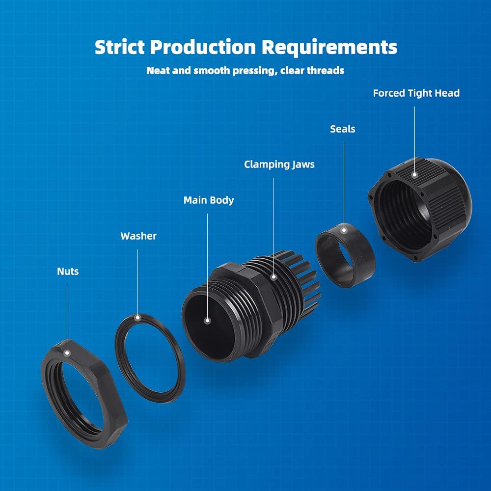Cable Gland 20 Pack Plastic Waterproof Adjustable Connector 4-8mm PG9 Strain Relief Cord Connectors Joints Nylon with Gaskets
