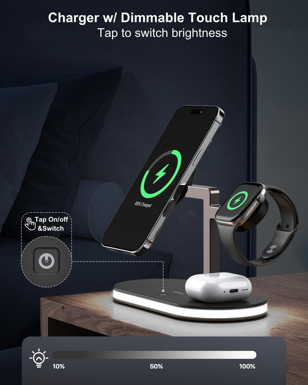 VBA 4 in 1 Wireless Charging Station for Apple MagSafe Charger,Fast Charging Magnetic Wireless Charger Stand with Night Light for iPhone 16 15 14 13 12 Series,Apple Watch,AirPods Pro 2 3 4 (Black)