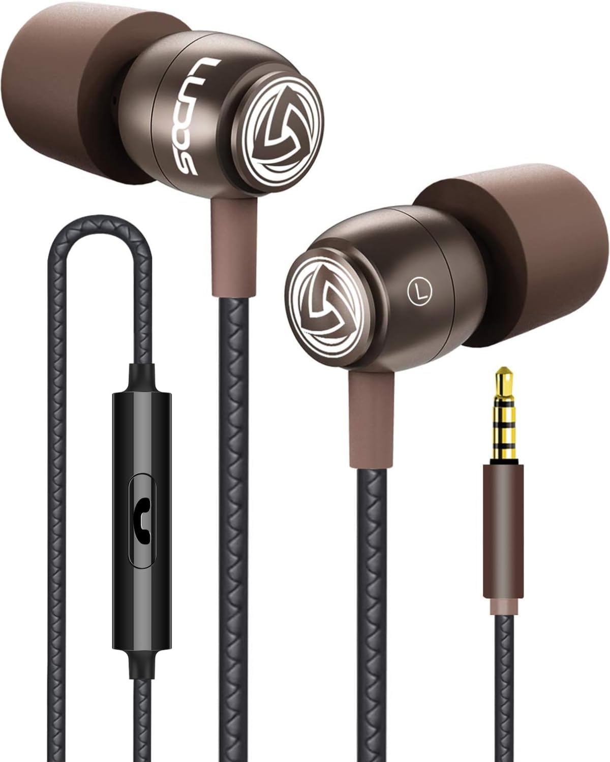 LUDOS Clamor Wired Earbuds in-Ear Headphones, 5 Years Warranty, Earphones with Microphone, Noise Isolating Ear Buds, Memory Foam for iPhone, Samsung, School Students, Kids, Women, Small Ears - Brown