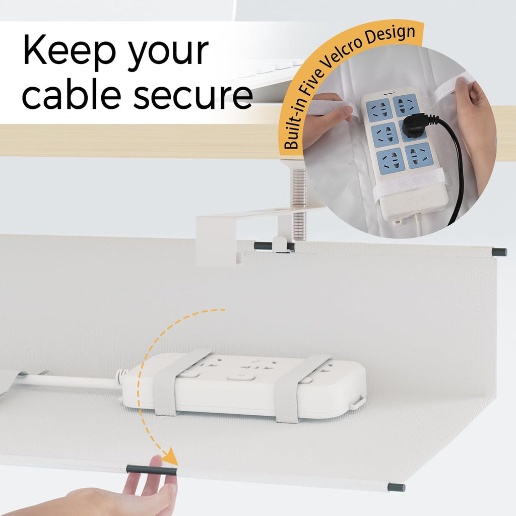 Under Desk Cable Management Tray 27.2" - No Drill Computer Wire Organizer Cable Tray, Cord Hider Clamp Mount with 16X Cable Ties PC Cables Management Cord Holder for Office/Home (Upgrade Fabric,White)