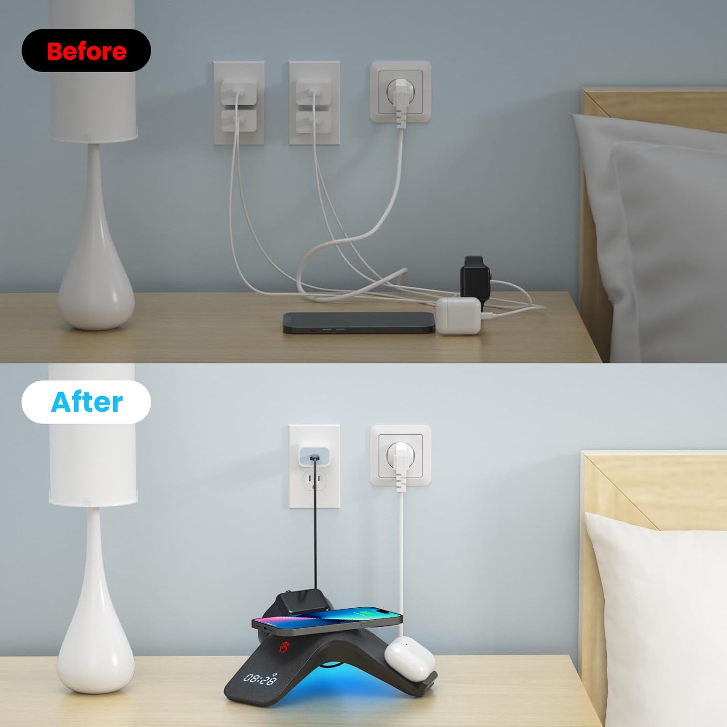 YLF 5-in-1 Wireless Charger station - Fast Charging Wireless Charging Stand with Adapter,Samsung Wireless Charger with 7-Color LED and Bluetooth Clock for iPhone 15/15 Pro/14/13/12,Apple Watch,AirPods
