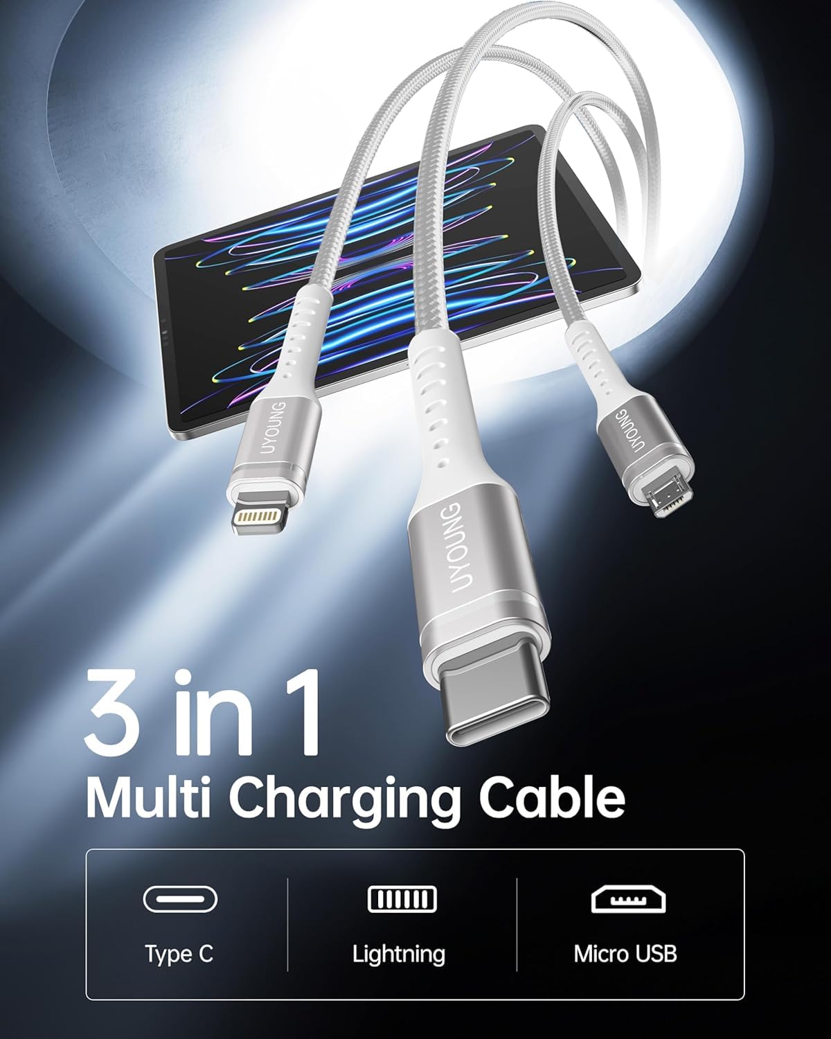 Short Multi Charging Cable 1FT 2Pack 3 in 1 Charger Cord Braided Universal Phone Cords with Lightning/Type C/Micro USB Connectors, Multiple USB Cable for iPhone/Samsung/Google Phones and More