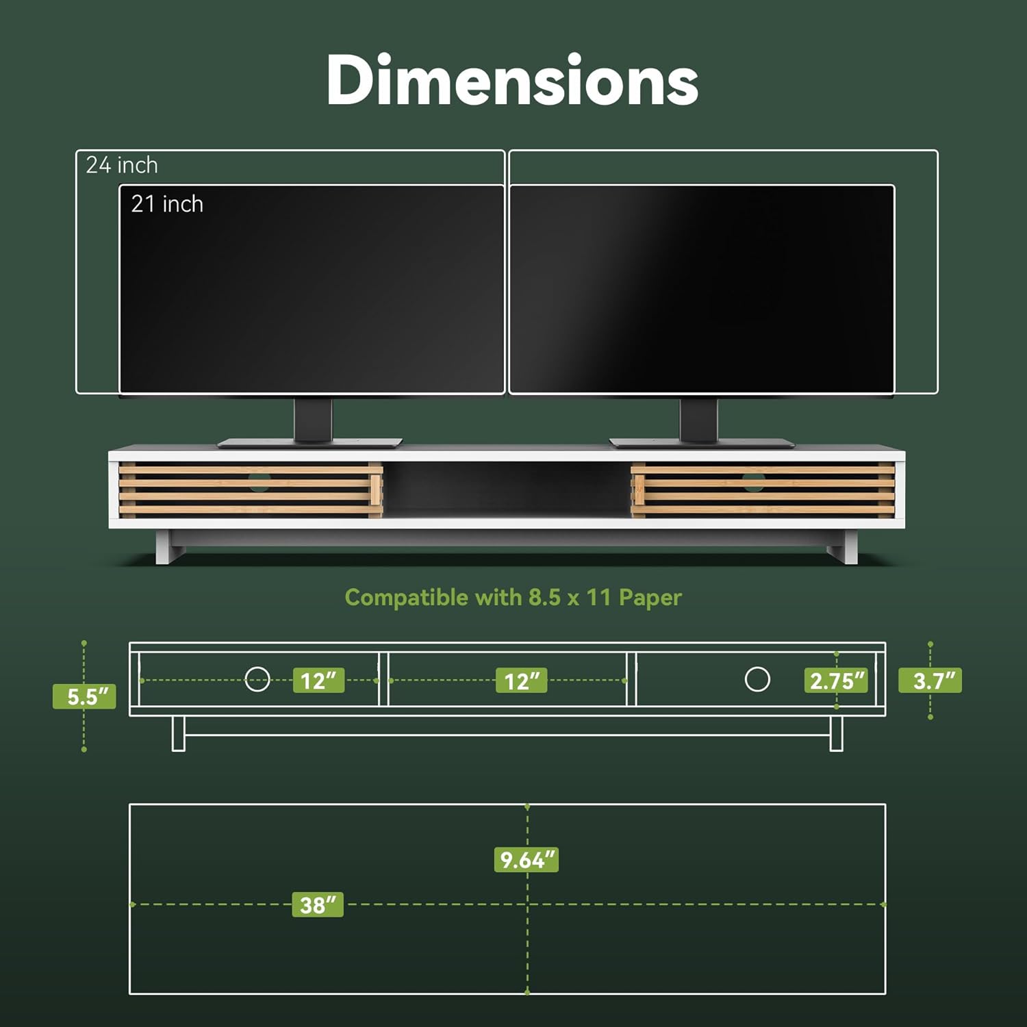 Dual Monitor Stand Riser with Sliding Door, Double Computer Laptop Stand Desk Shelf Organizer with Storage (White + Natural Bamboo, 38 Inch)