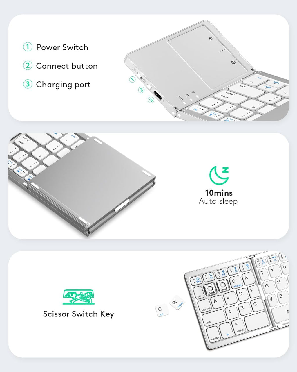 Samsers Foldable Bluetooth Keyboard with Touchpad - Portable Wireless Keyboard with Holder, Rechargeable Full Size Ultra Slim Pocket Folding Keyboards for Android Windows iOS Tablet & Laptop - Silver
