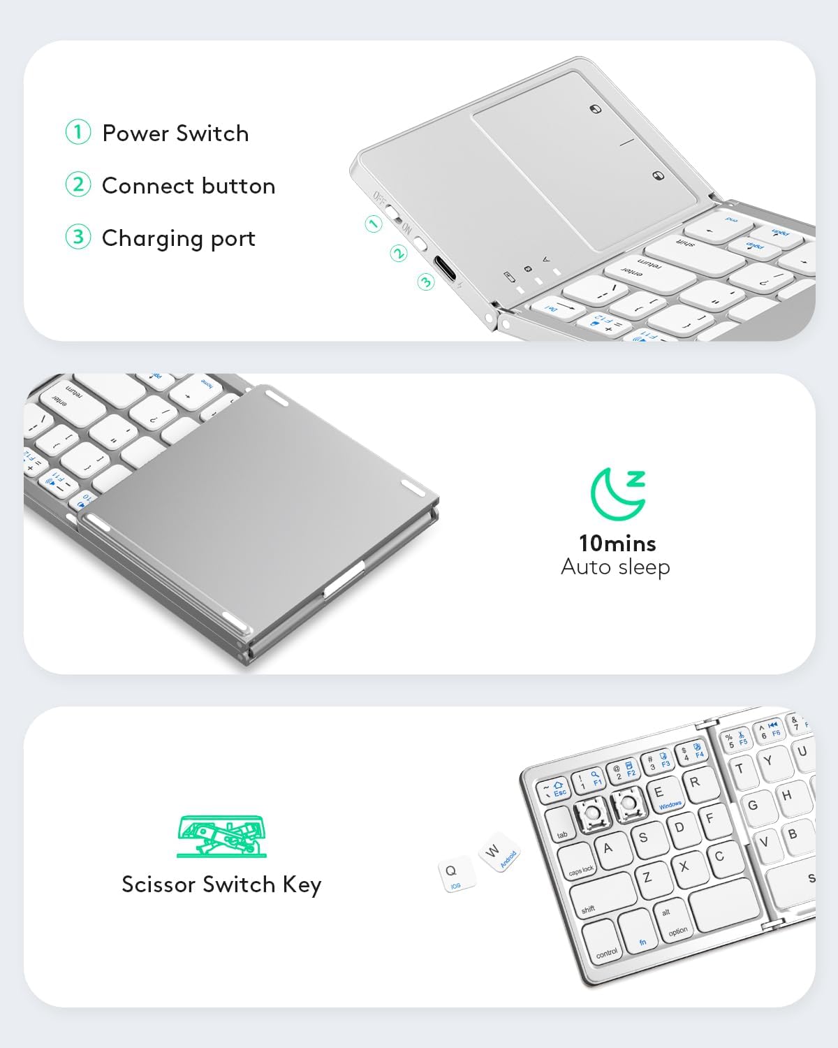 Samsers Foldable Bluetooth Keyboard with Touchpad - Portable Wireless Keyboard with Holder, Rechargeable Full Size Ultra Slim Pocket Folding Keyboards for Android Windows iOS Tablet & Laptop - Silver