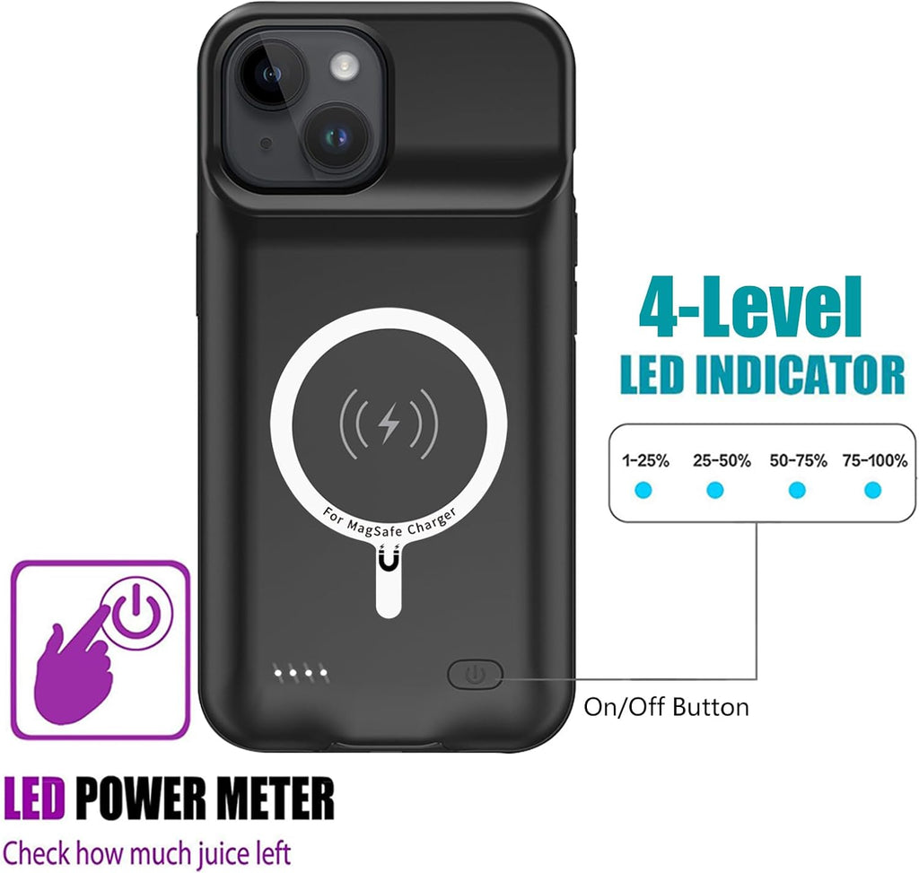 Battery Case for iPhone 15 Plus, 12000mAh Rechargeable Portable Charging Case with Wireless Charging Compatible for iPhone 15 Plus (6.7 inch) with Carplay Extended Battery Pack Charger Case (Black)