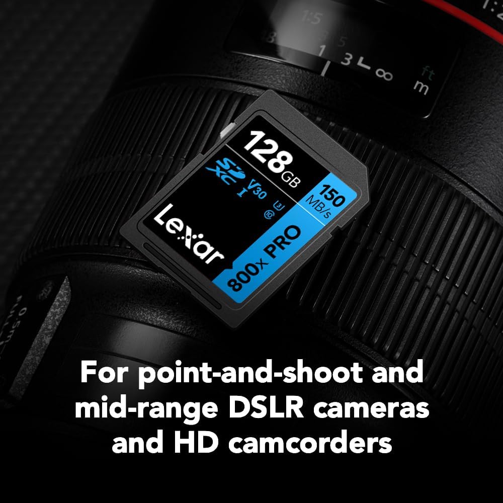 Lexar 128GB High-Performance 800x PRO SD Card, UHS-I, C10, U3, V30, 4K, Up to 150MB/s Read SDXC Memory Card, for Point-and-Shoot & Mid-Range DSLR Cameras, HD Camcorders (LSD0800P128G-BNNNU)