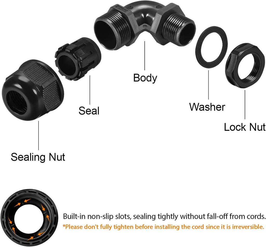 LeMotech M20 Cable Gland, 90 Degree Adjustable 9-14mm Strain Relief, Cord Connectors Nylon Joints with Gaskets, 2 Pcs, Black