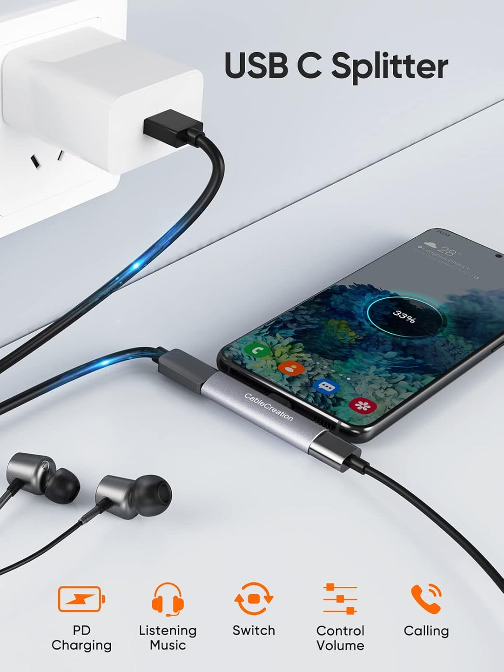 CableCreation USB C Splitter, 2-in-1 USB C Audio and PD Charging Adapter, Type C Aux Cord Compatible with New iPad Pro, MacBook, iPhone 16 15, Galaxy S9/S10/S20/S21 Ultra/S22/S23/S24, Pixel 9/8/7/6+