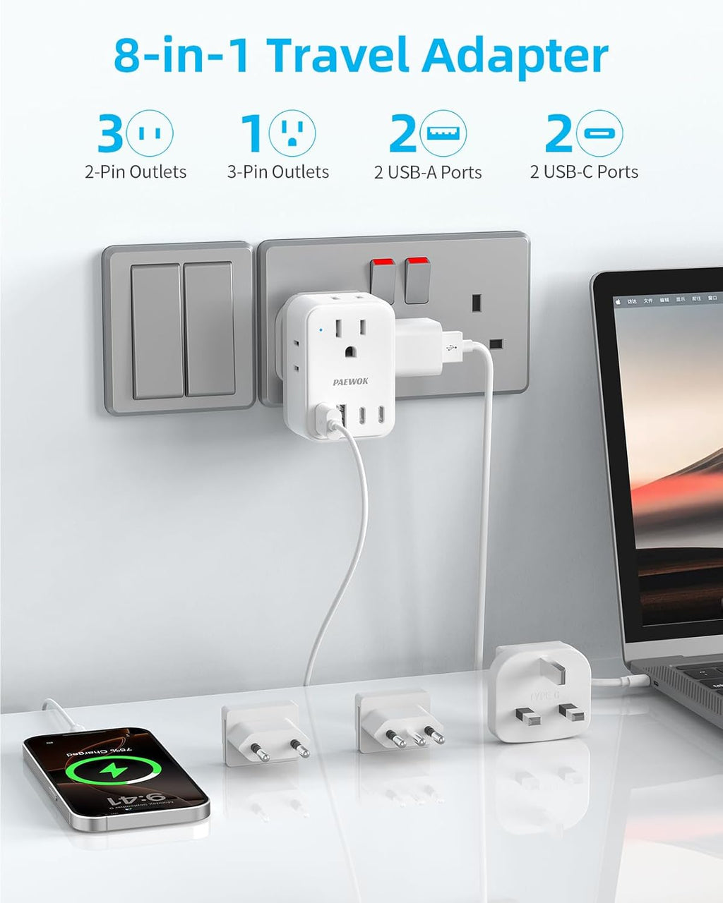European Travel Plug Adapter USB C, US to EU/UK Plug Adapter- 4AC Outlets 4 USB Charger, International Power Adaptor kit Include Type G/C/L for American to England Italy France Germany Greece
