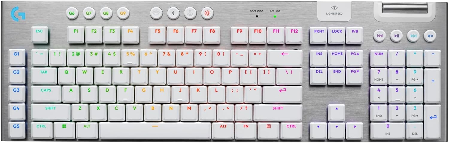 Logitech G915 X Lightspeed Wireless Mechanical Gaming Keyboard, Double-Shot PBT Keycaps, Fully Programmable Keys, RGB Backlit Mac/PC Gaming Keyboards, Aluminum Finish, GL Tactile Switches, White