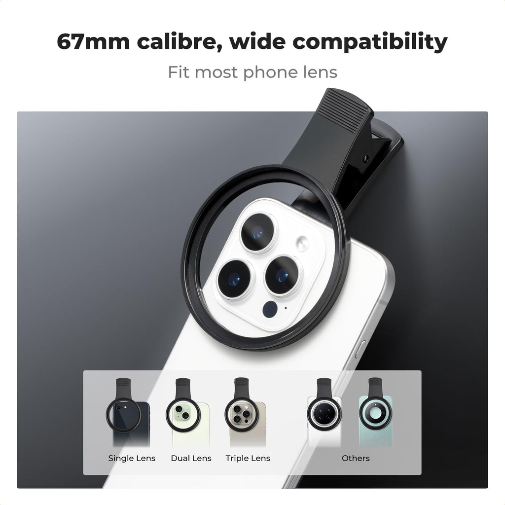 K&F Concept 67mm Thread Clip for Smart Phone, Large Caliber Phone Filter Adapter, Compatible for iPhone 16 15 Pro Max 14 13 12 11 Samsung Galaxy S22 S23 Ultra Galaxy S22 S24 Ultra(Filter Not Included)