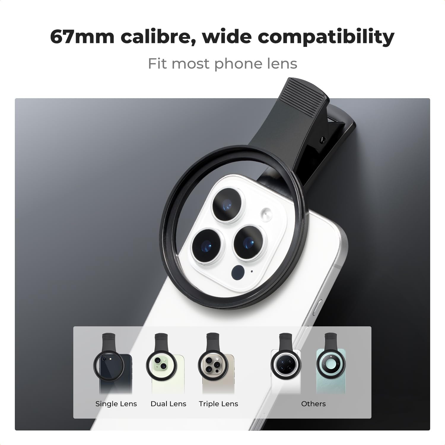 K&F Concept 67mm Thread Clip for Smart Phone, Large Caliber Phone Filter Adapter, Compatible for iPhone 16 15 Pro Max 14 13 12 11 Samsung Galaxy S22 S23 Ultra Galaxy S22 S24 Ultra(Filter Not Included)
