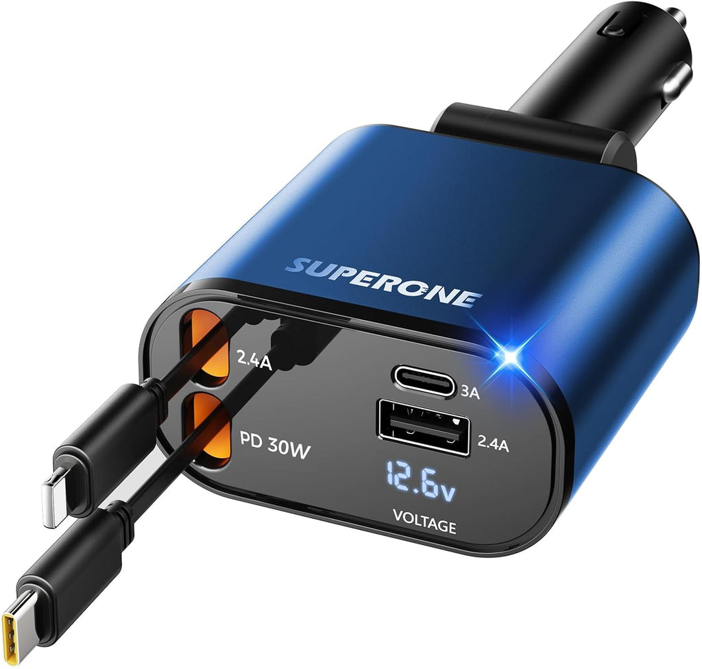 【Upgraded】 SUPERONE Retractable Car Charger 4 in 1, Fast Car Phone Charger with Cord 2.6ft, USB C and Apple Car Charger Adapter, Compatible with iPhone 16 15/15 Pro Max/14/13/12/11, Galaxy, Pixel
