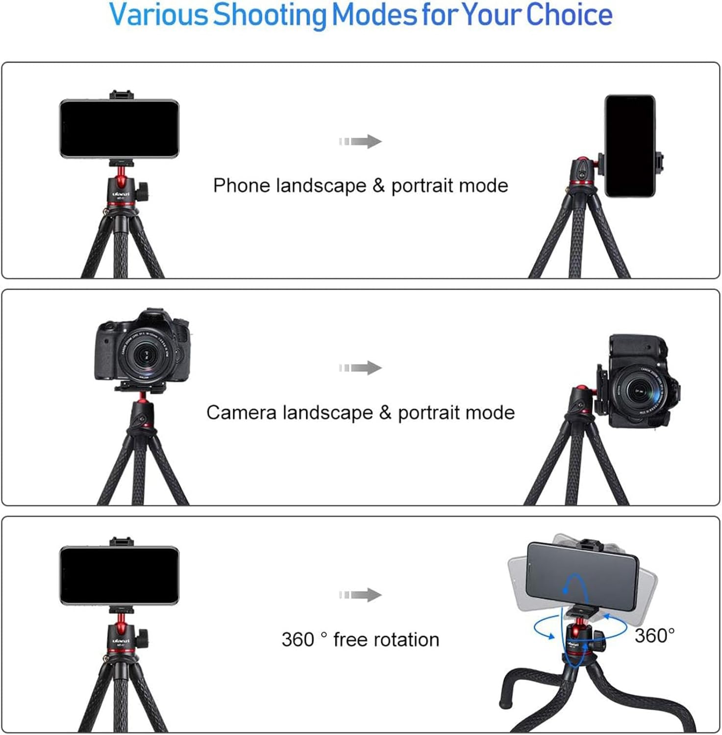 ULANZI Camera Tripod, Mini Flexible Stand w Hidden Phone Holder w Cold Shoe Mount, 1/4'' Screw f Magic Arm, Universal f iPhone 16 15 14 Pro Max XS Max X 8 Samsung Canon Nikon Sony DJ Pocket 3 Cameras