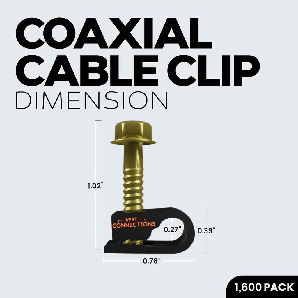 BEST CONNECTIONS Coaxial Cable Clips with Pre-Inserted Screw (1,600 Pack) – Black Single Cable Mounting Clamps for Coax Cable (RG6, RG59) and Ethernet Cable – Cord Fastener/Strain Relief Clip