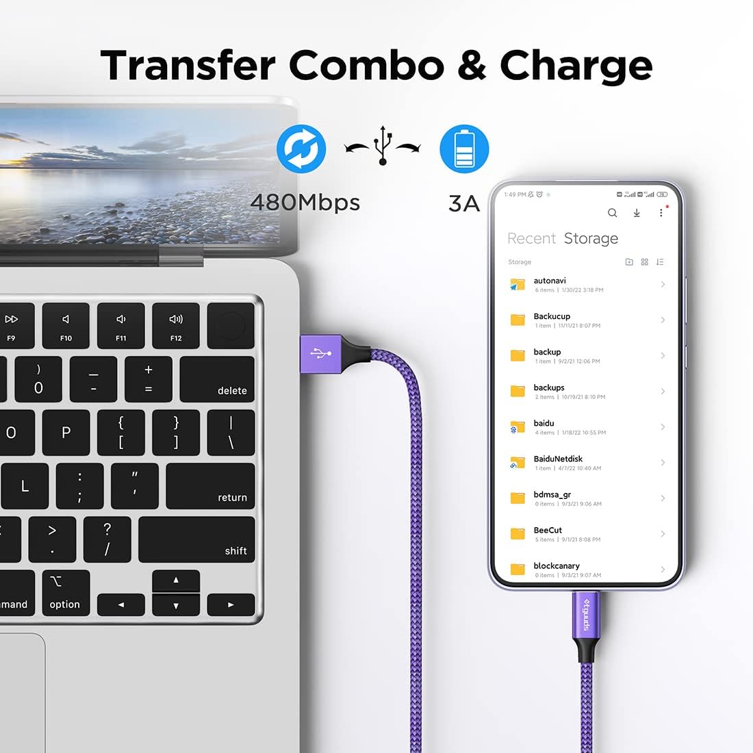 etguuds 6.6ft USB A to USB C Cable 3A Fast Charging, 2-Pack USB A to USB Type C Charger Cord for iPhone 16 15 Pro/Pro Max/Plus, for Samsung Galaxy S24 S23 S22 S21 S20 S10 A55 Flip Note, Moto, Purple