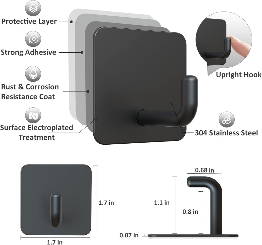 VIS'V Adhesive Hooks, Metal Shower Wall Stick on Hooks, Waterproof, 2 Extra Adhesive Strips, Black, 4 Pcs