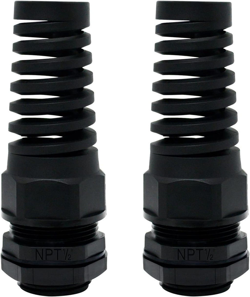 LeMotech 2Pcs NPT 1/2" IP68 Waterproof Cable Gland Flex Spiral Strain Relief Black Nylon Joint with Gaskets for 6-12mm Wire Thread