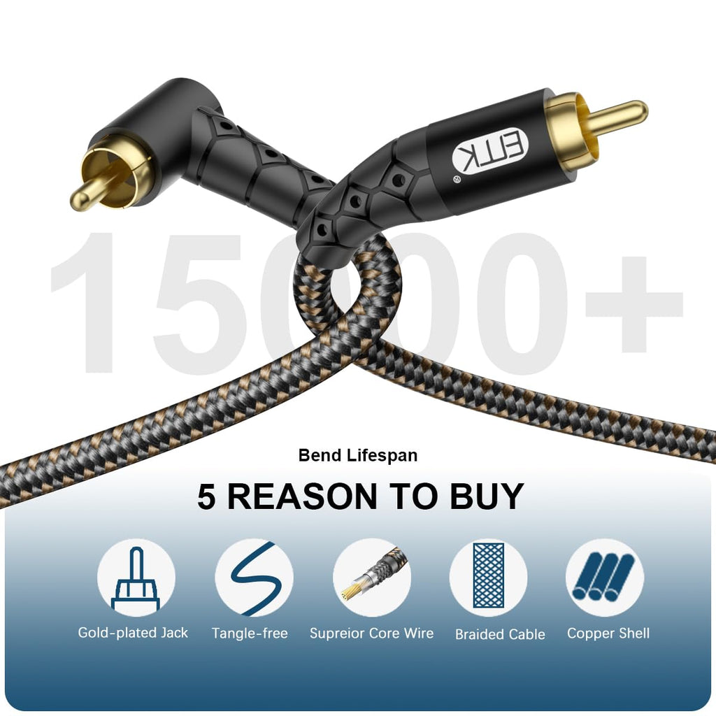 EMK 90 Degree RCA Subwoofer Cable 24K Gold-Plated Connector Nylon Braided Double Shielded – Support Digital & Analog Signals for Amplifier, Home Theater, Hi-Fi System,Subwoofer Black/15ft/5m