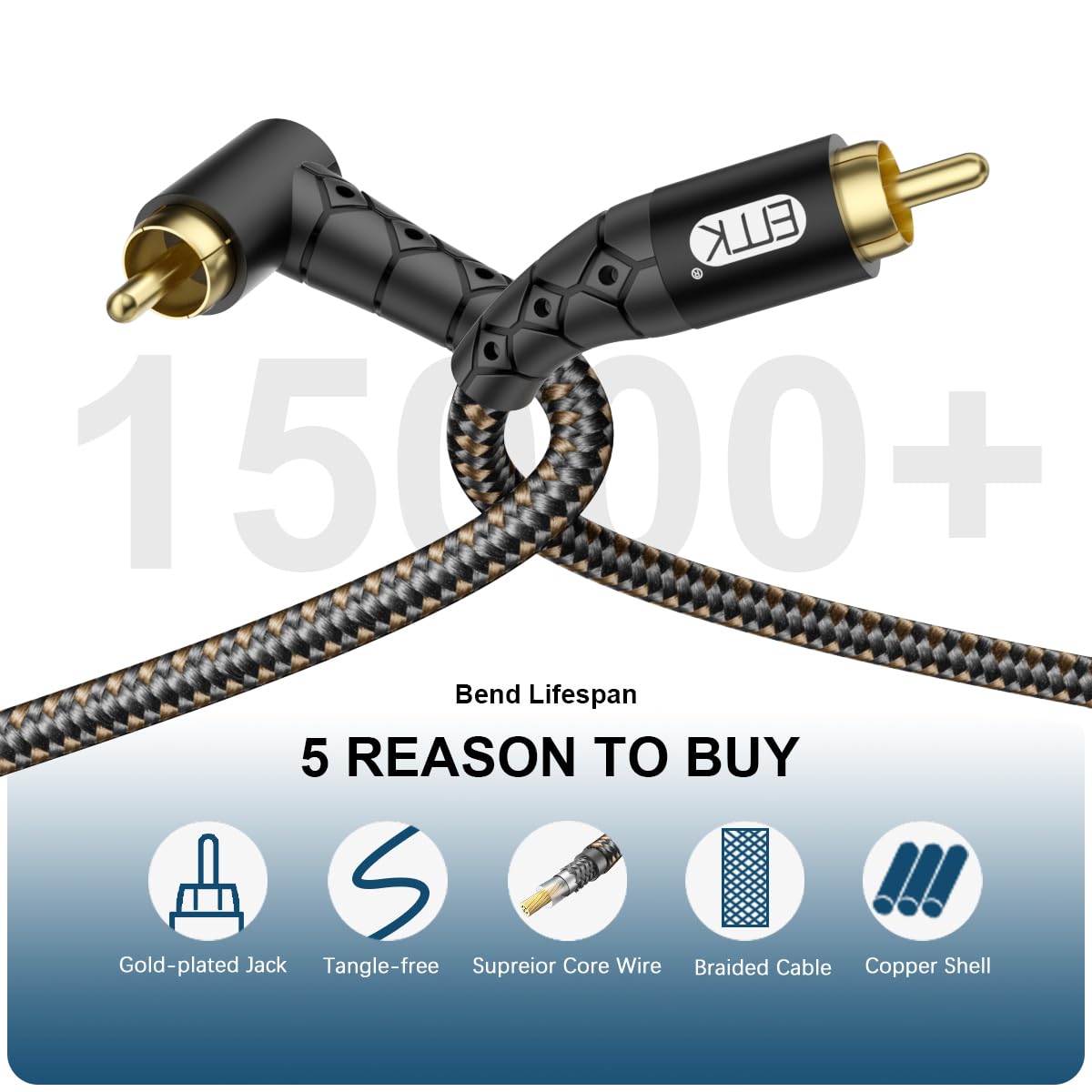 EMK 90 Degree RCA Subwoofer Cable 24K Gold-Plated Connector Nylon Braided Double Shielded – Support Digital & Analog Signals for Amplifier, Home Theater, Hi-Fi System,Subwoofer Black/3.3ft/1m