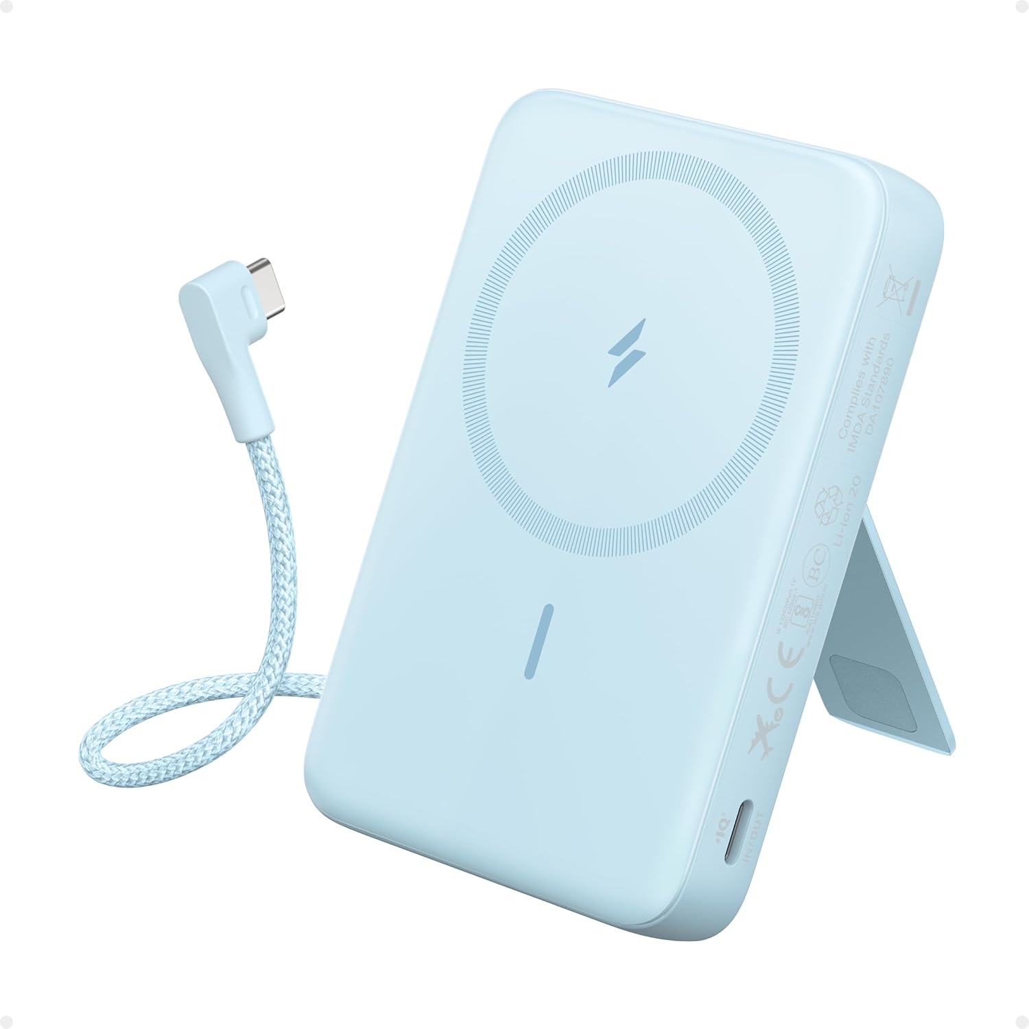 ANKER Zolo Magnetic Power Bank, 10,000mAh Wireless Portable Charger with 30W Max Fast Charging, Battery Pack with Built-in USB-C Cable and Adjustable Stand, for iPhone 16/15 Series, AirPods, and More
