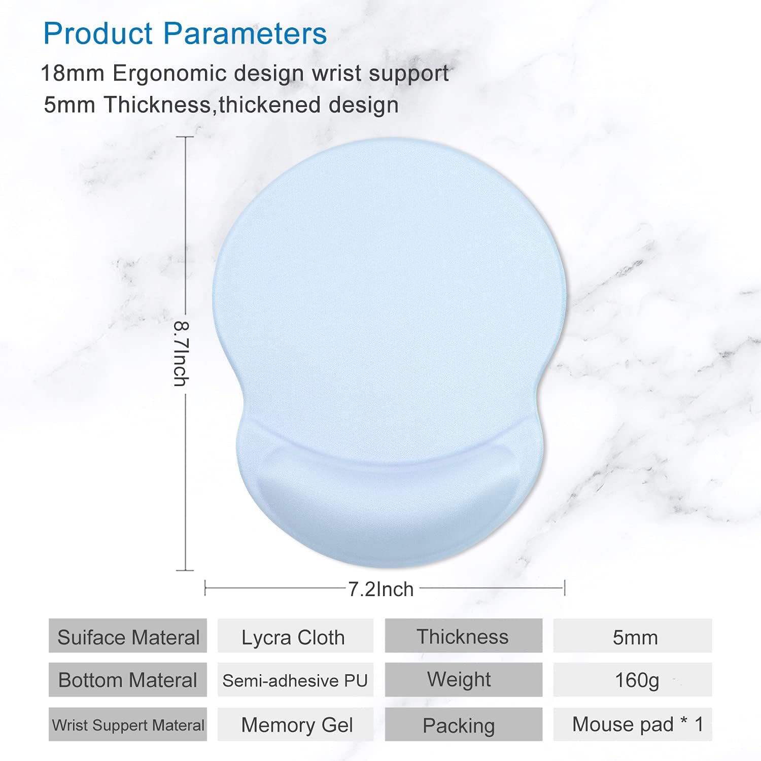ITNRSIIET Ergonomic Mouse Pad with Gel Wrist Support Small Wrist Rest Smooth Surface Non-Slip PU Base Comfortable Office Supplies Pain Relief, 8.7 x 7.2 inches, Blue