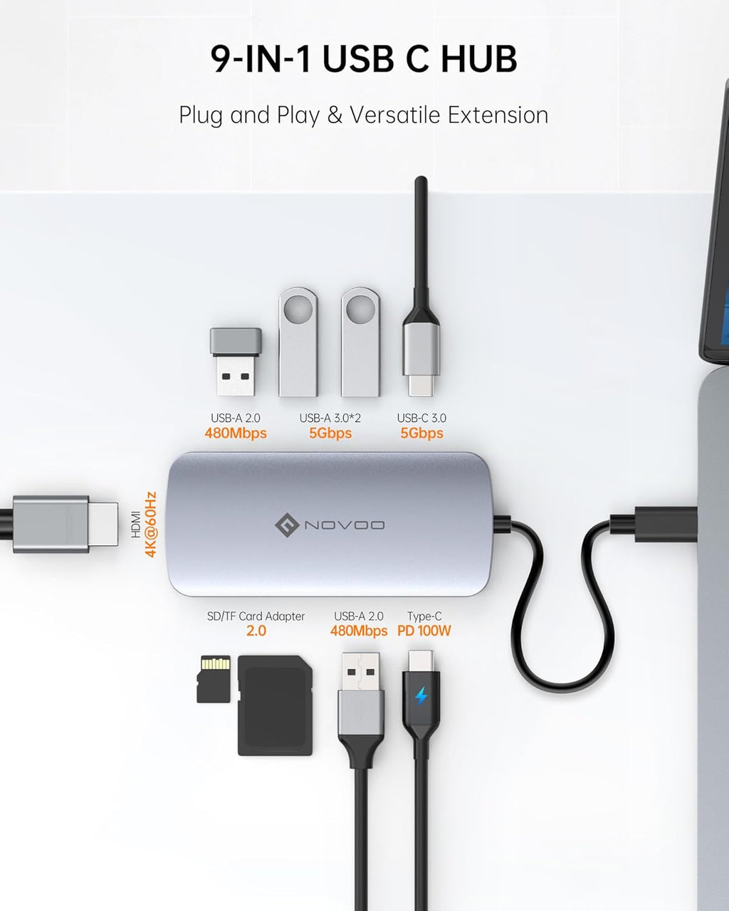 USB C Hub, 9 in 1 USB C Multiport Adapter with 4K@60Hz HDMI, 5 USB Ports, 100W PD, SD/TF USB C Adapter, USB C to HDMI Adapter, USB C Dock for MacBook Pro/Air, HP, DELL, Lenovo, ASUS Laptops NOVOO