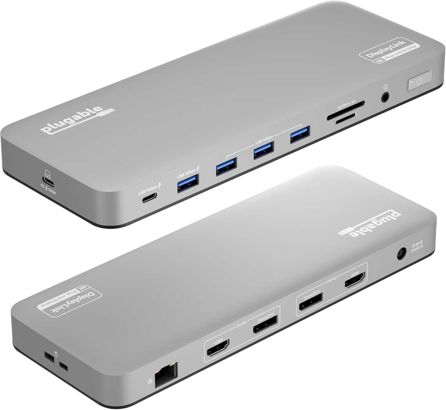 Plugable USB C Laptop Docking Station, Dual Monitor 4K 60Hz for Apple Mac M1/M2/M3/M4, 2X HDMI or 2X DisplayPort, 100W Charging DisplayLink Dock, 2 Displays for MacBook, Driver Required (UD-6950PDH)