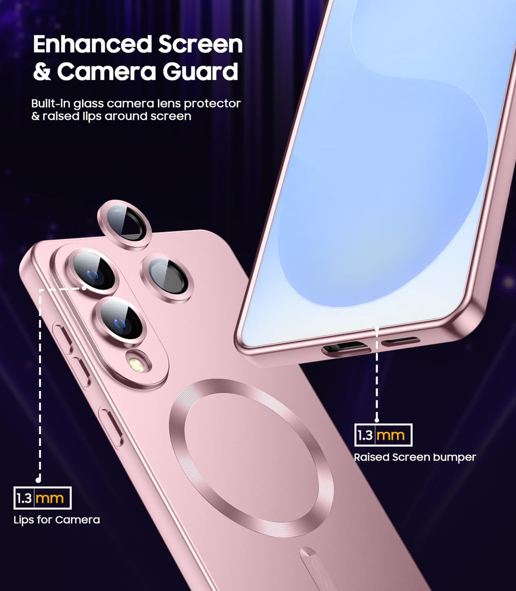Magnetic for Samsung Galaxy S25 Edge Case [Compatible with MagSafe][Built-in Camera Lens Protector] Slim Soft Silicone Bumper Shockproof Metallic Luster Phone Case (Rose Gold)
