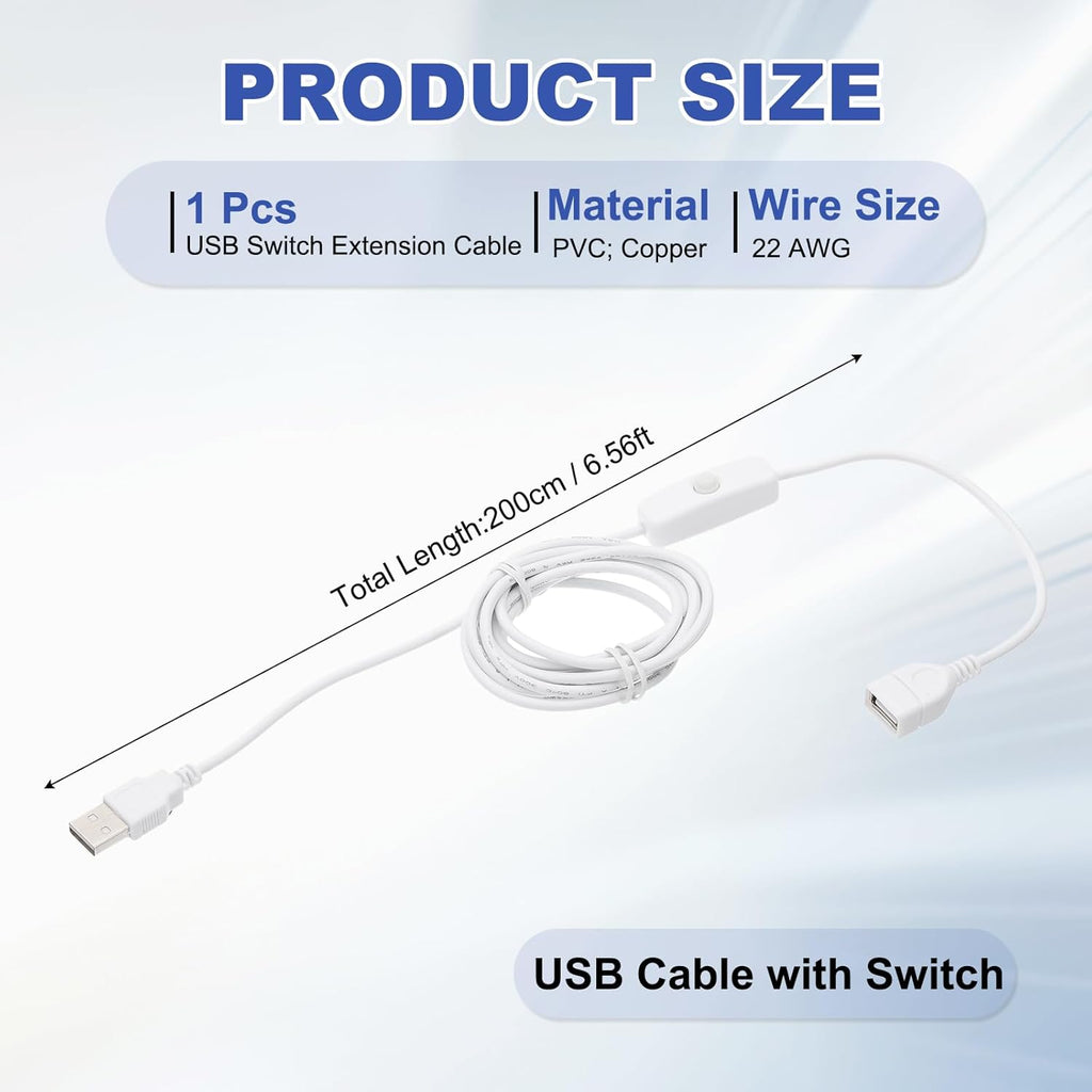 MECCANIXITY USB Extension Cable with ON/Off Button Switch 2m USB Male to Female Extension Cord for Desk Lamp Fan LED Light Strip White Pack of 1