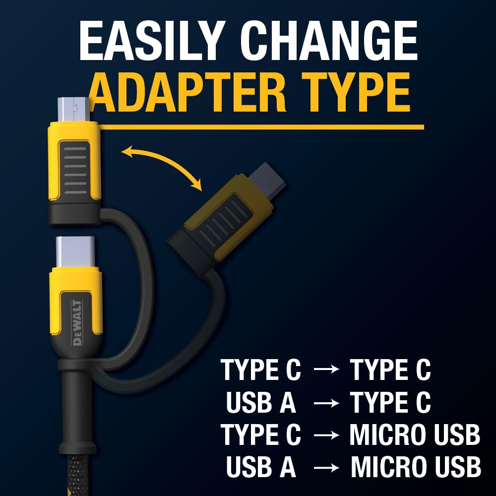 DEWALT Heavy Duty 4-in-1 Cable, Type C/Micro USB/USB Cable for iPhone 16, iPhone 15, iPad Charger USB C, Huawei, HTC, LG, Samsung Galaxy, Android Smartphones, iPad Pro, Micro C Charging (6ft, Black)