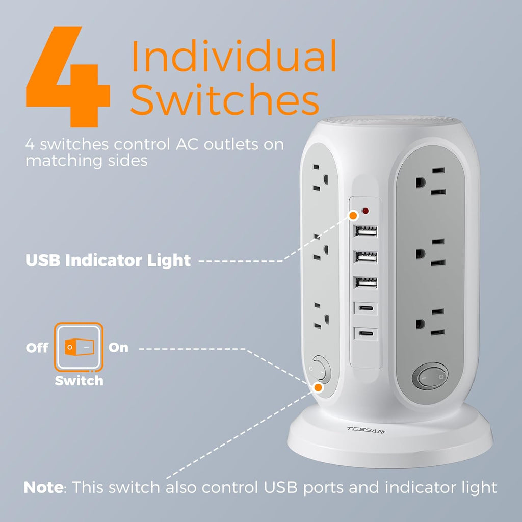 TESSAN Tower Power Strip with Individual Switches, Surge Protector with 12 Outlets, 5 USB Ports(2 USB C), Flat Extension Cord 10 Ft, Flat Plug, Charging Station for Multiple Devices, for Office, Dorm