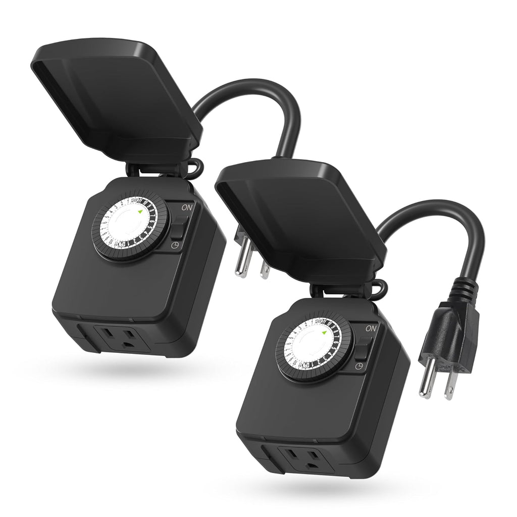 BN-LINK 24-Hour Mechanical Outdoor Light Timer, Waterproof, Heavy Duty, 15A 1/2HP, 1 Grounded Timer Outlet for Home and Garden,ETL Listed,2 Pack
