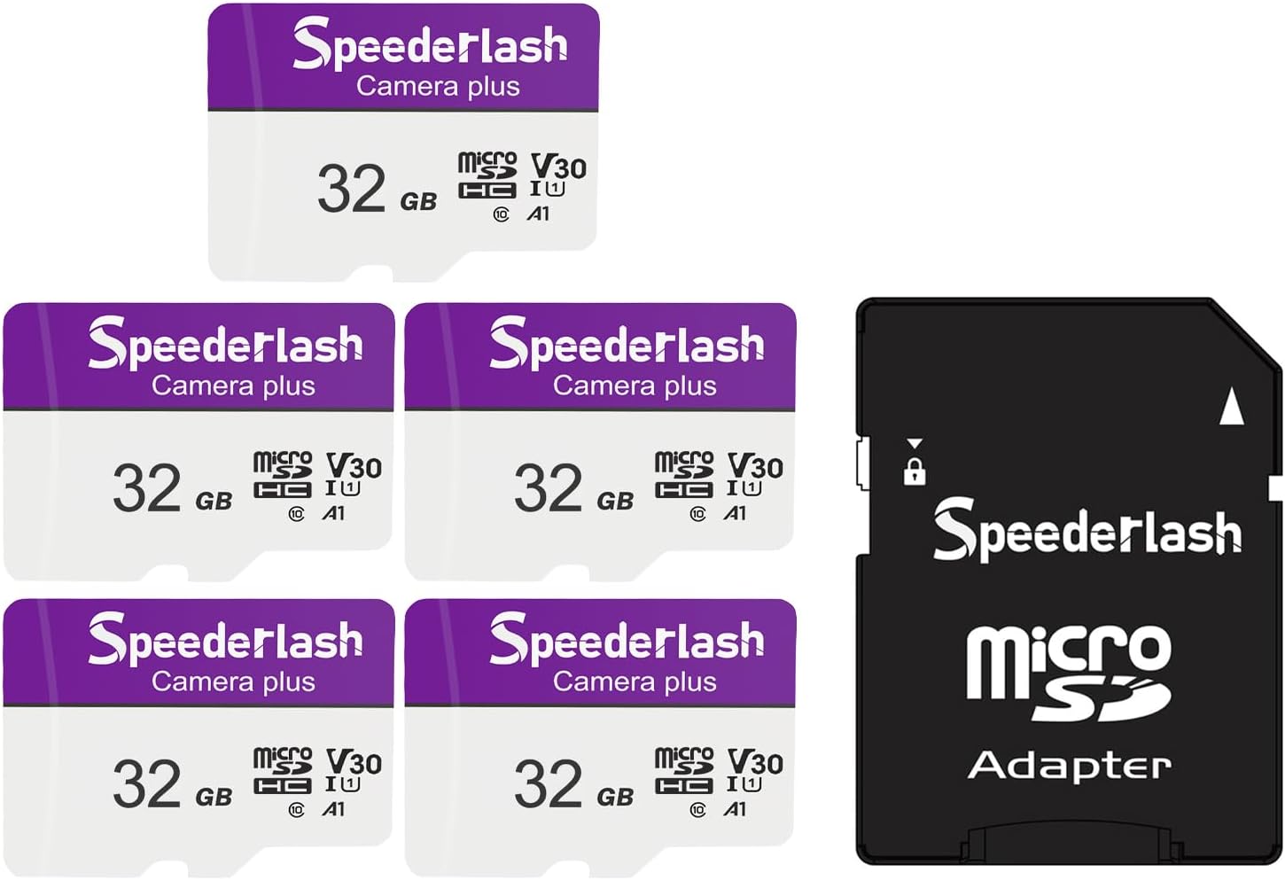 Micro SDXC Memory Card 32GB 5 Pack, Speederlash Camera Plus TF Card with Adapter, 90MB/s Read Speed, 4K UHD&5K Video Support, U1 V30 A1 Rated, for Security Camera, Smartphone, Drone, Tablet, PC