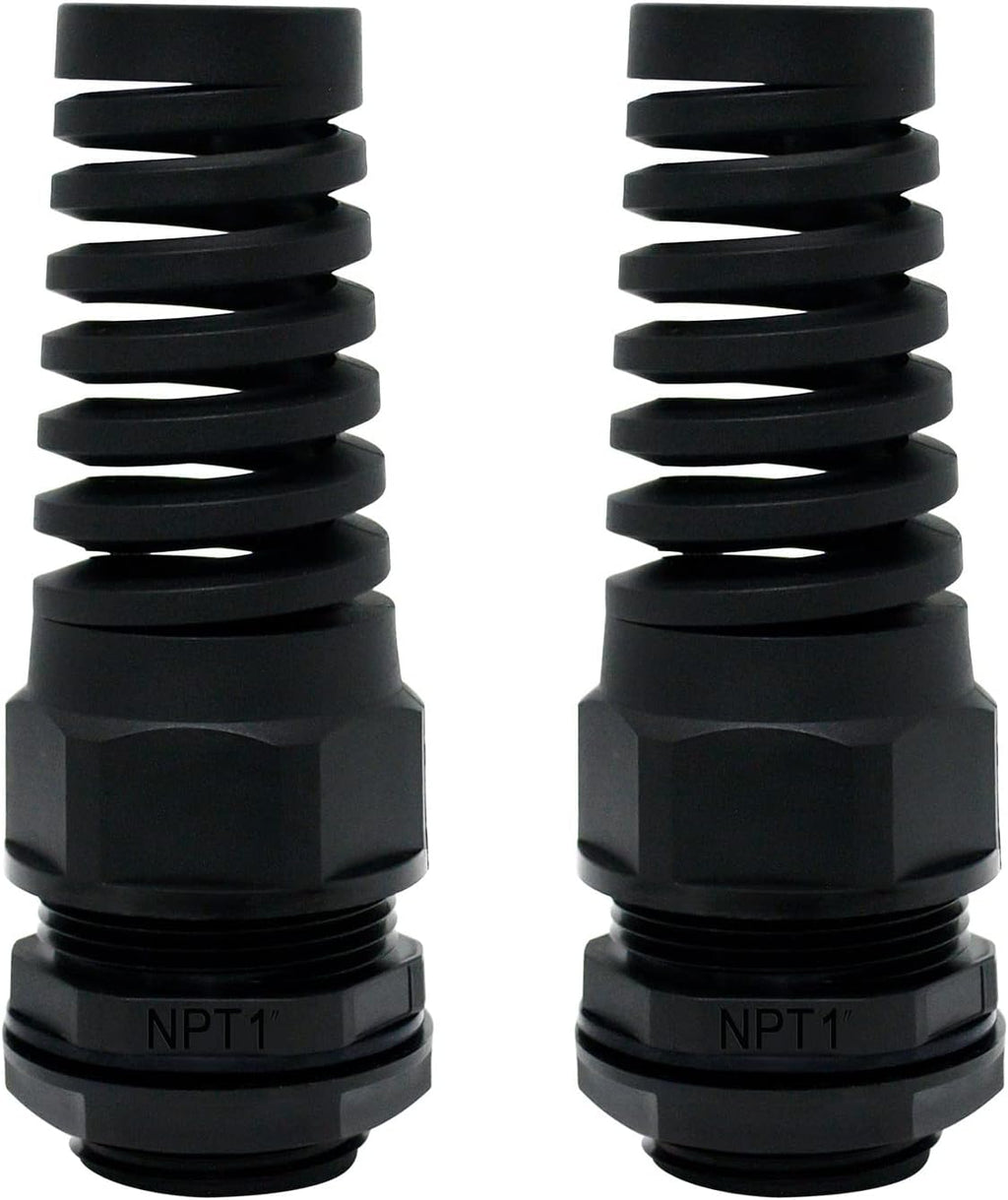 LeMotech 2Pcs NPT 1" IP68 Waterproof Cable Gland Flex Spiral Strain Relief Black Nylon Joint with Gaskets for 18-25mm Wire Thread