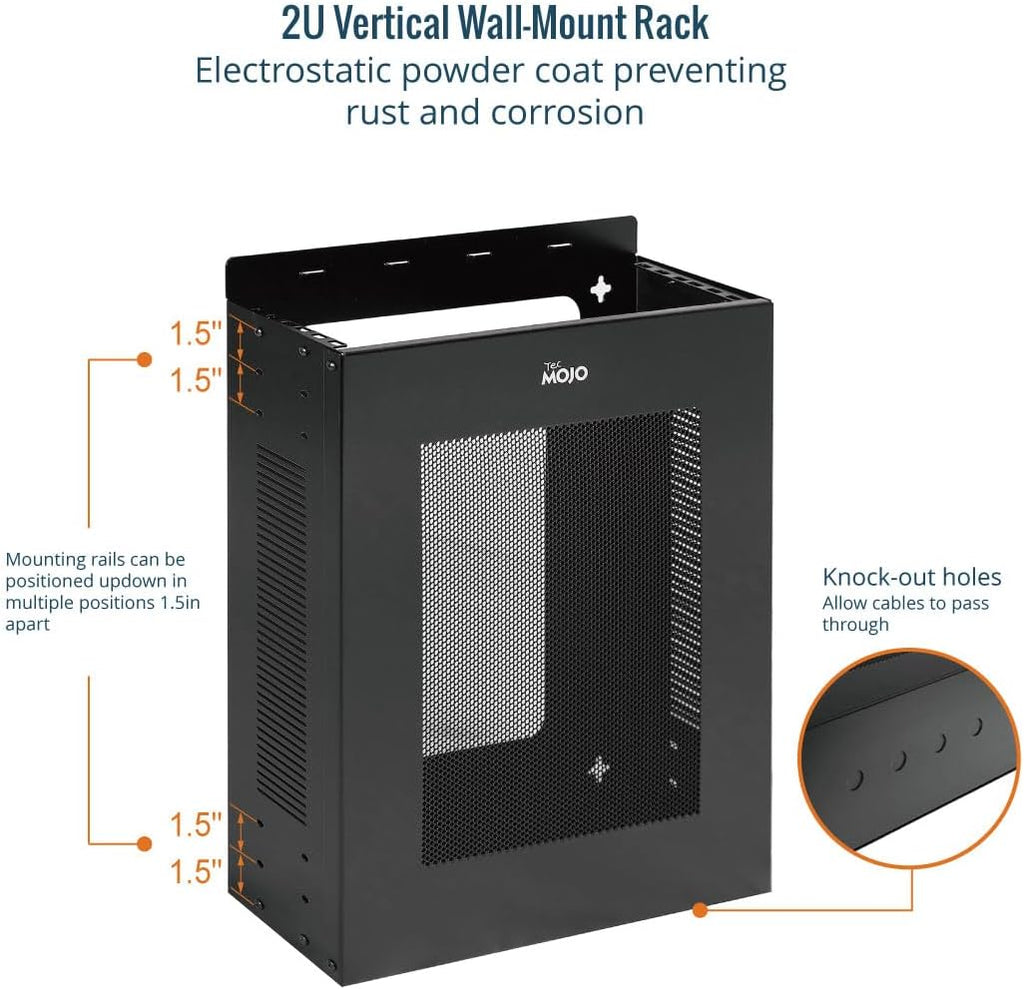 Tecmojo 2U Vertical/Horizontal Wall Mountable Server Rack, with Vented Enclosure for 19" IT Equipment, Cable Modems, Telecom, A/V, Black