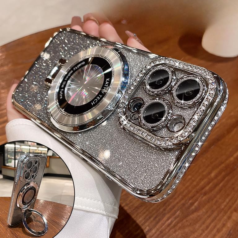 Magnetic Kickstand (Glitter Lens Protector ) Case for iPhone 15 14 13 12 Pro Max (Compatible with Magsafe ) Sparkling Diamond Cover Glitter Shiny Rhinestone Cases (Silver,for iPhone 14 Pro Max)
