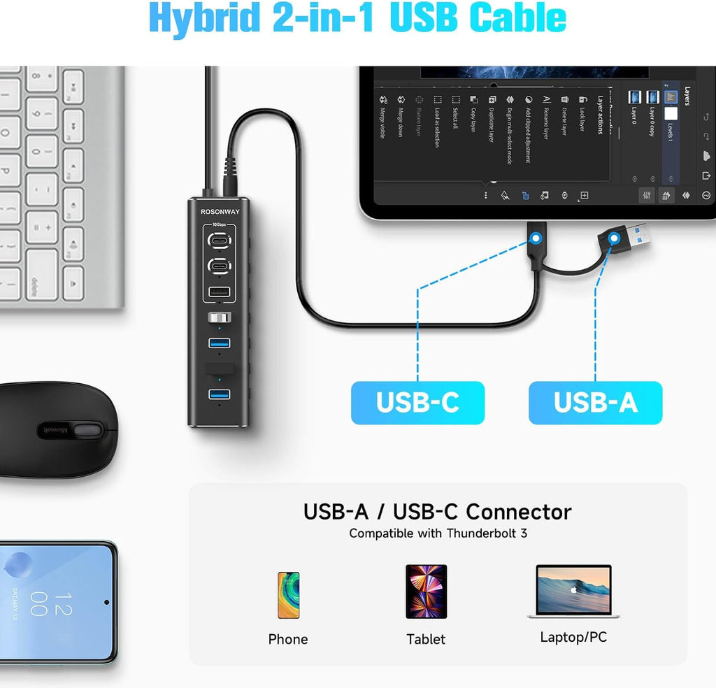 Powered USB Hub, Rosonway 7-Port USB 3.2/USB C Hub with 10Gbps USB-A 3.2, 2 USB-C 3.2, 4 USB 3.0 Ports, Individual Switches and 12V Power Adapter, Aluminum USB Port Expander for Laptop/PC, RSH-A107C