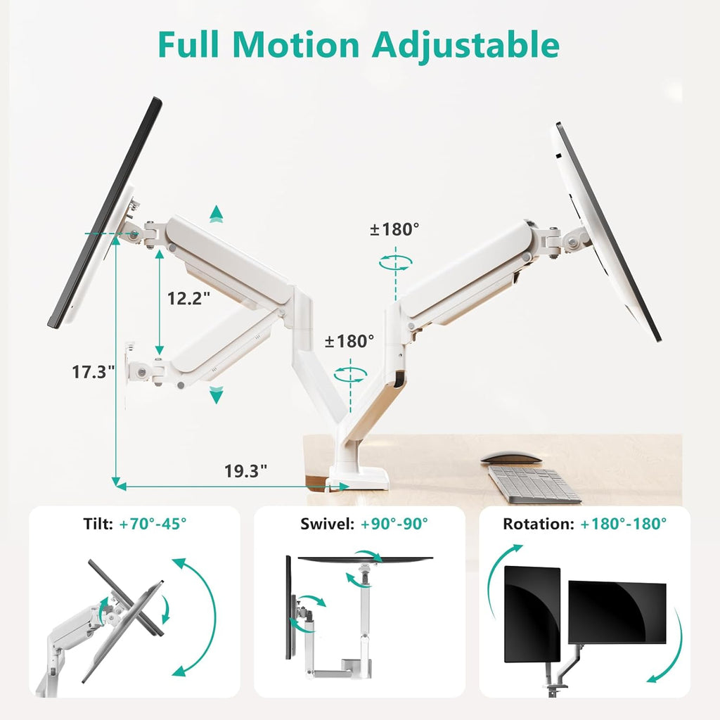 WALI Dual Monitor Stand for 17-32 inch Screens, Dual Monitor Arms for 2 Monitors Holds up to 19.8 lbs, Adjustable Gas Spring Dual Monitors Mount, VESA 75x75/100x100mm (GSMP002NW), White