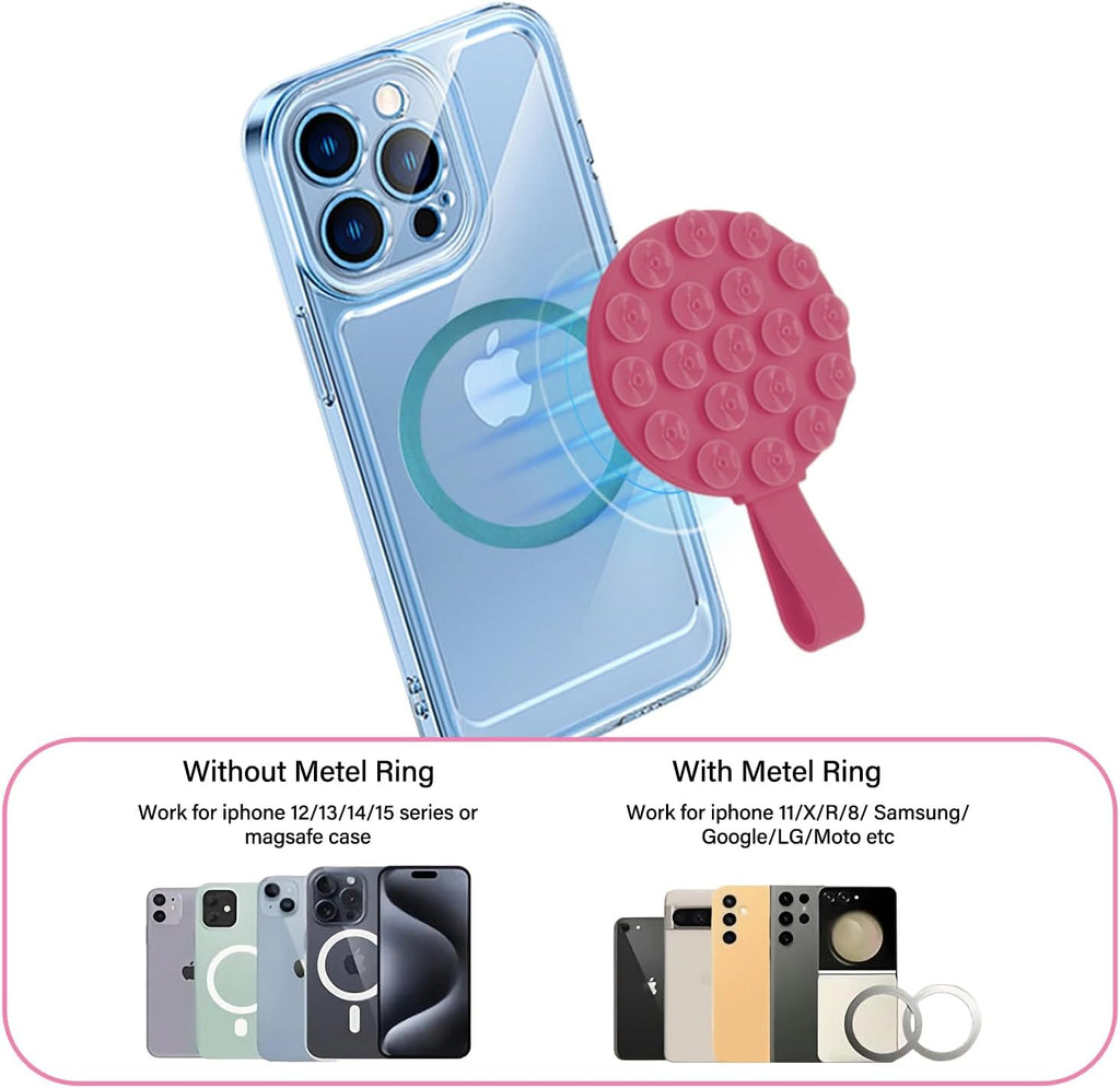 Magnetic Suction Cup Phone Mount, Silicone Suction Stand Holder, Compatible with iPhone MagSafe Phone Case, Hands-Free Mirror Shower Phone Holder Accessory for TikTok Videos, Pink
